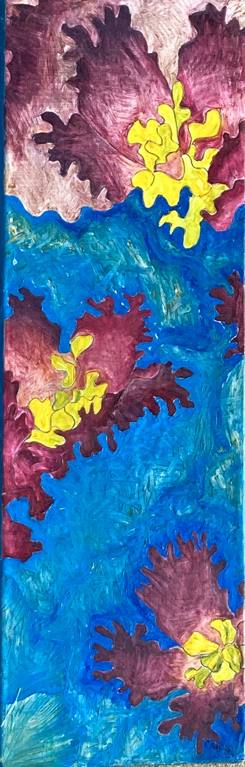 This blue floral macro view oil painting measures 33.5" x 11" - 85.09cm x 27.94cm